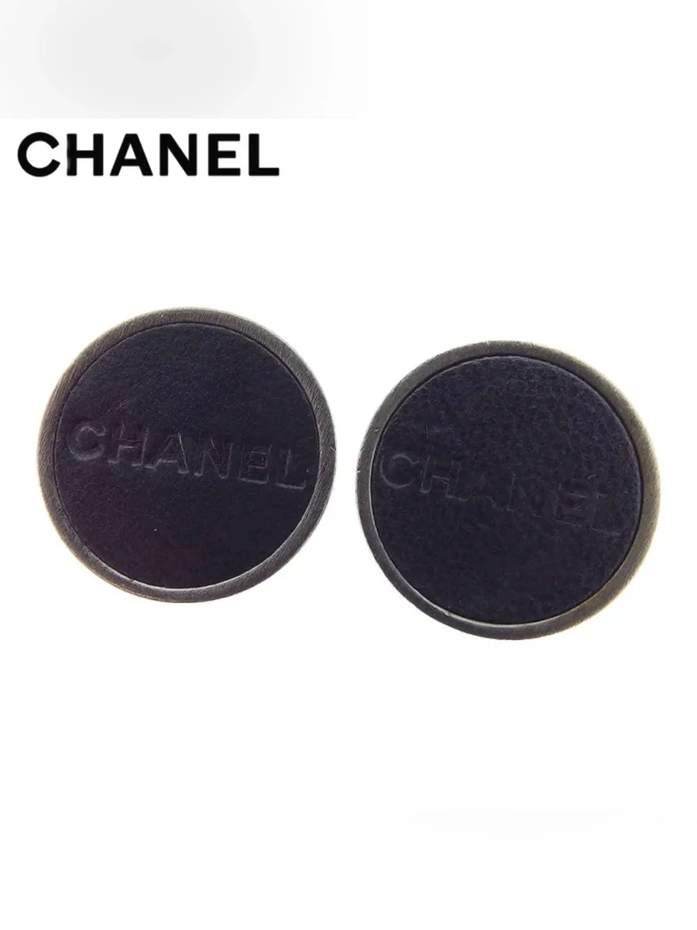 CHANEL Black Embossed Leather Round Clip-On Earrings